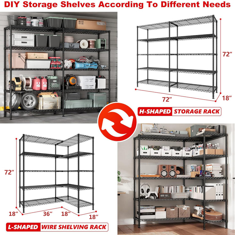 Marlia Steel Height -Adjustable Storage Rack Heavy Duty Shelving Unit, Black, 5-Tiers 72" H x 72" W x 18" D