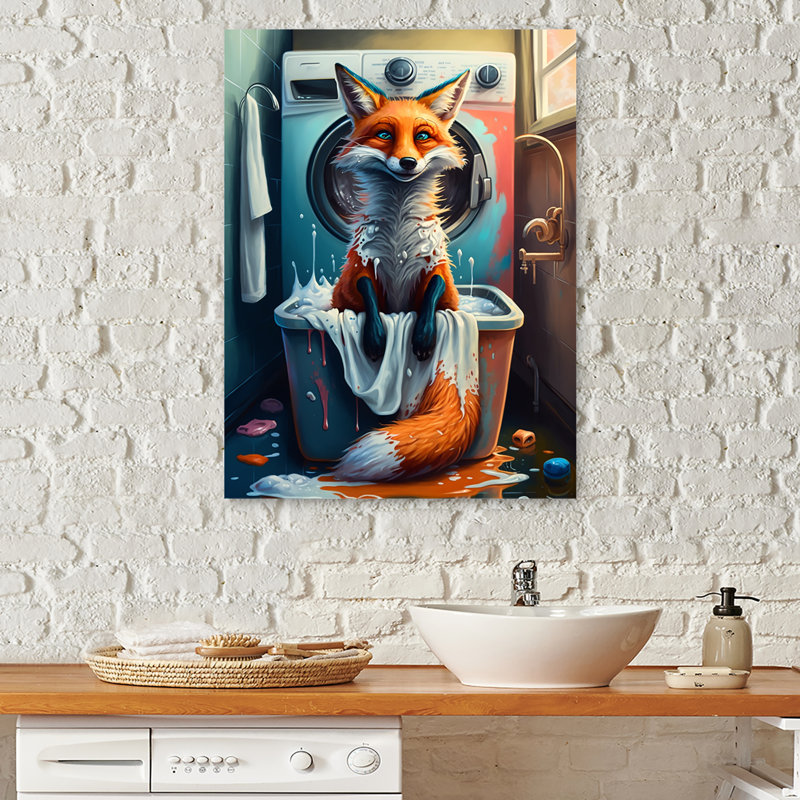 Renard assis sur un panier à linge - animaux, art mural sur toile, L 16 po x H 32 po