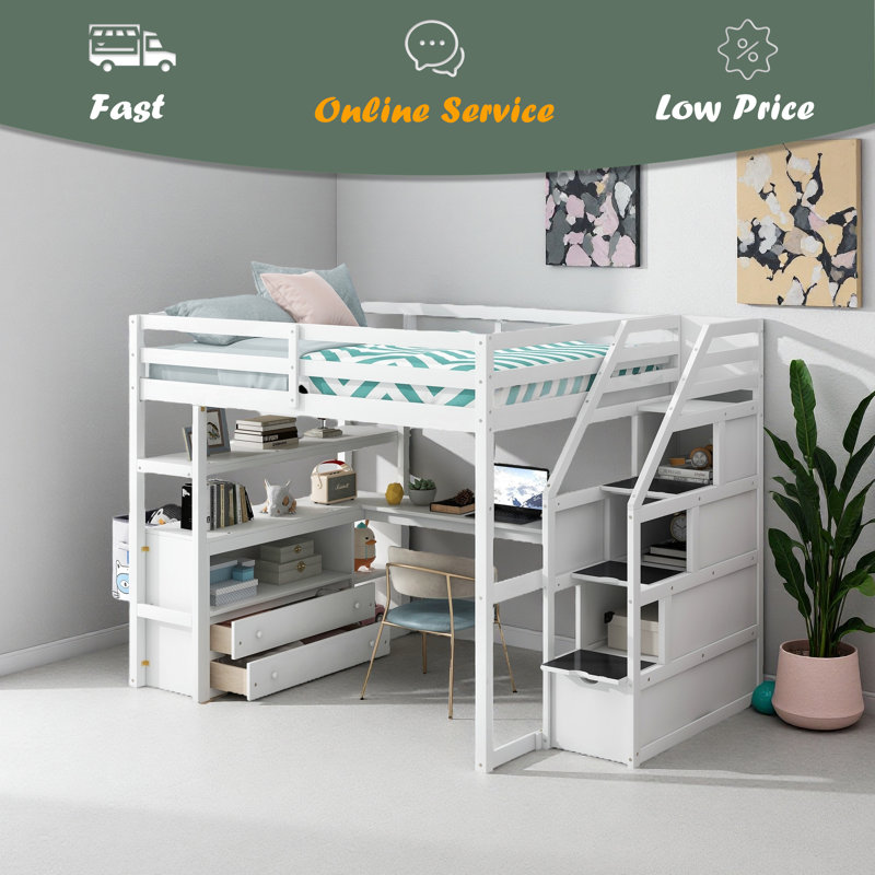 Lit mezzanine double avec bureau et tablettes, Blanc