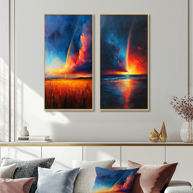 Rainbow In The Summer Storm I - Collection d'art sur toile 2 panneaux, 28" H x 25" W, Cadre crème crème