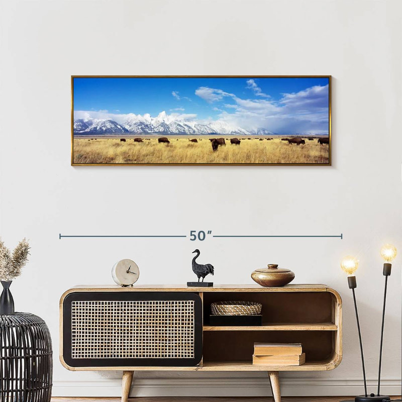 Troupeau de bisons au parc national de Grand Teton WY, 31" X 11", Floating Frame Gold