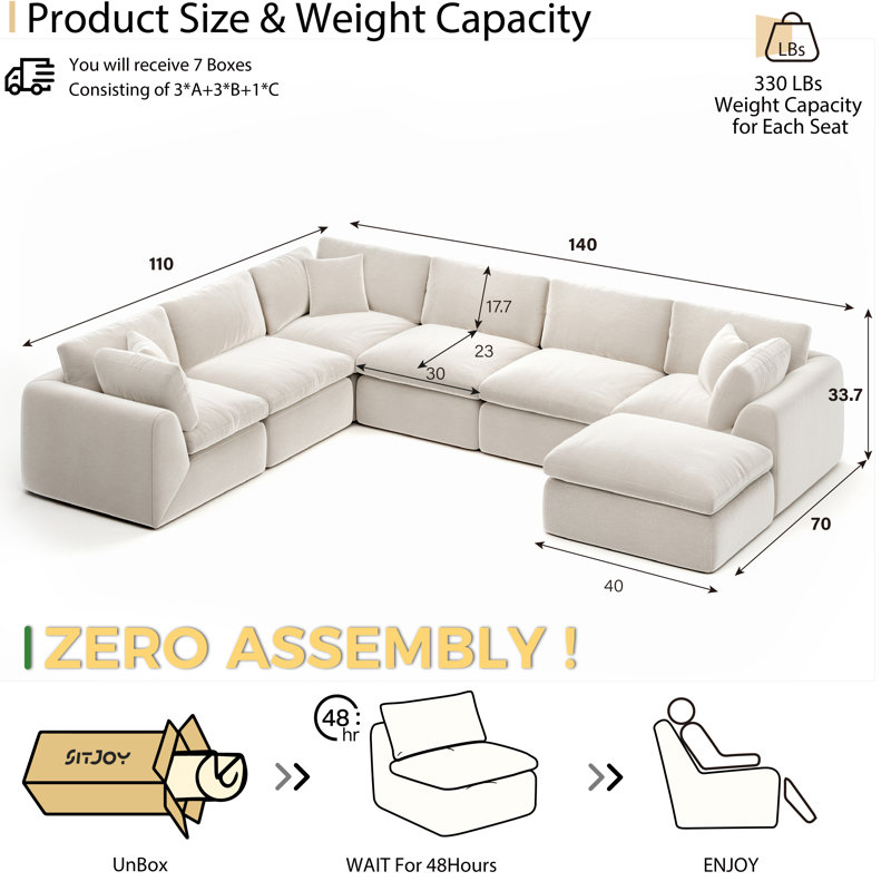 Boneless Convertible 7-Seat Sectional Sofa With Ottoman, 139" Wide, No-Assembly Cloud-Style Design, High-Density Boneless Compression Foam