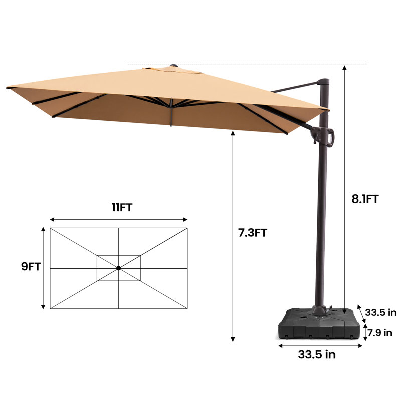 Parasol de patio rectangulaire en porte-à-faux 128 po x 104 po avec base de contrepoids, Tanné