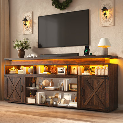 Meuble télé de style ferme avec portes coulissantes et éclairage DEL, centre multimédia de 81 cm de haut avec prise électrique pour téléviseur de 203 cm, console multimédia rustique pour salon