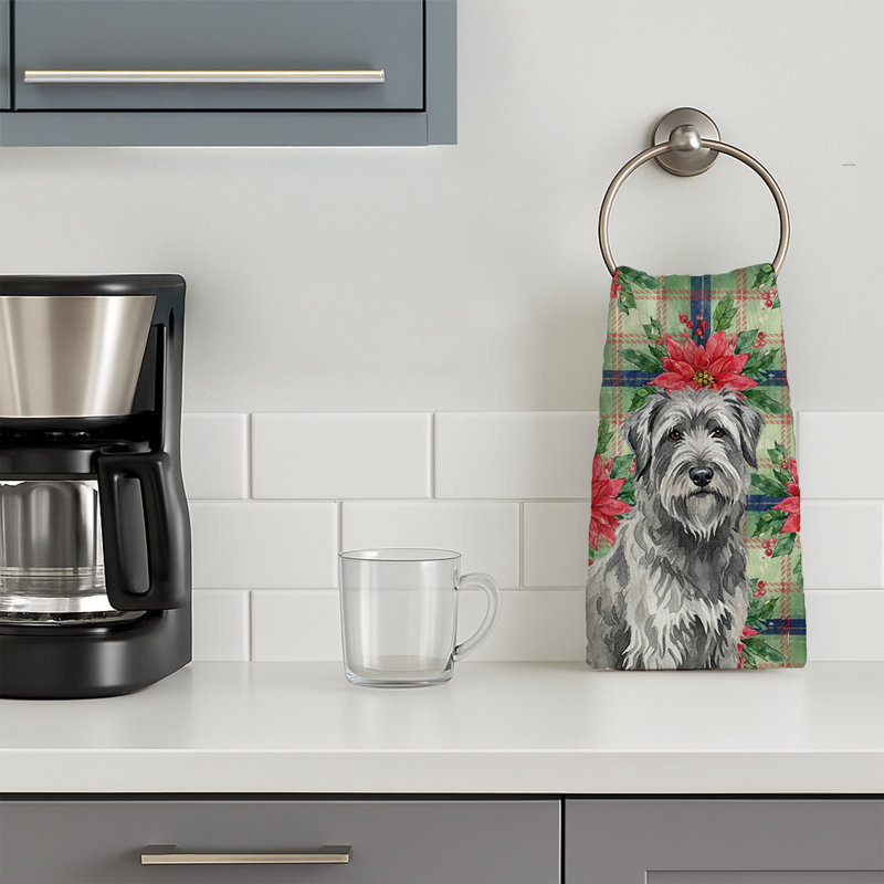 Gray Briard Christmas PoinsettIas Kitchen Towel, Gray Briard