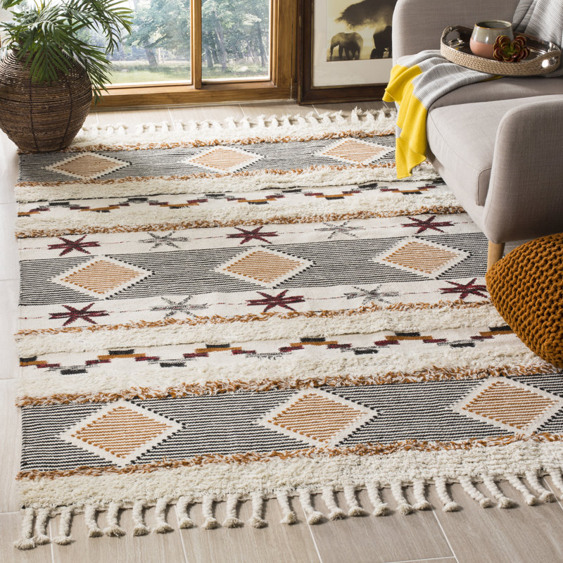 Tapis ivoire / gris en laine / coton noué à la main de style sud-ouest Bakerhill, Rectangle de 10 pi x 14 pi