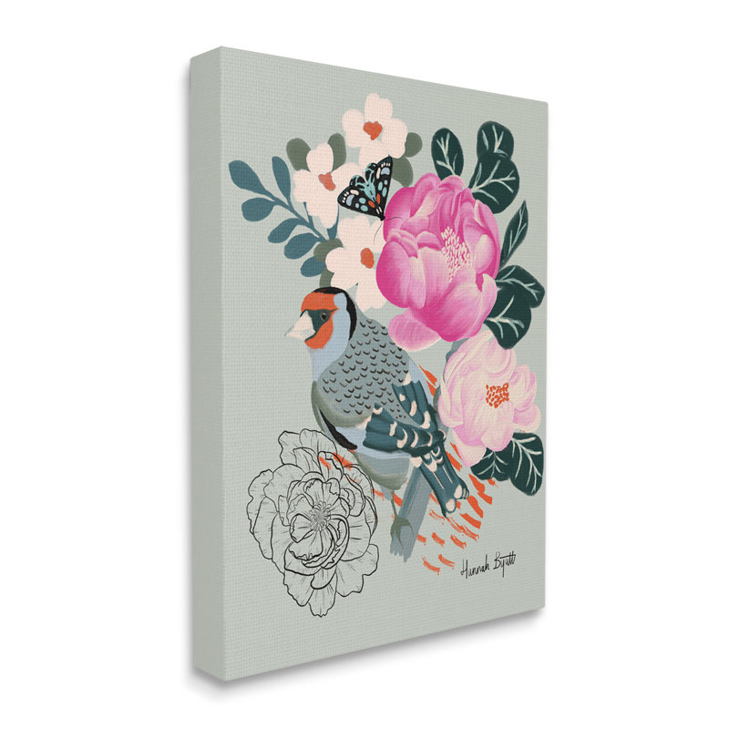 Oiseau et pivoines sur toile verte par Hannah, impression, H 30 po x l 24 po x P 1,5 po, Estampe numérique Farmhouse