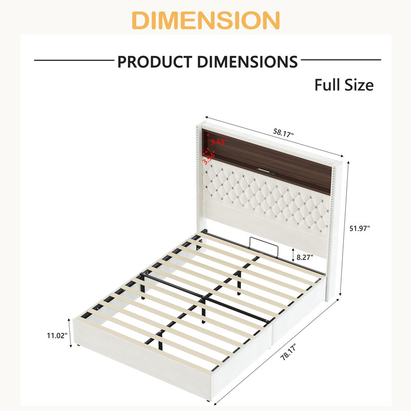 Structure de lit moelleuse en velours avec port USB et veilleuse, tête de lit haute 52 po avec rivets, lit plateforme à oreilles avec tablette de tête de lit