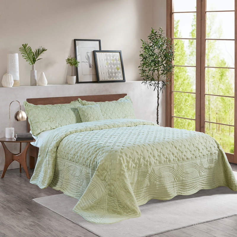 4 Piece Tatami Quilted Faux Fur Set, King Coverlet + 3 Additional Pieces, Light Green