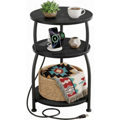 Table d'appoint ronde avec prise électrique, port USB de type C, table de chevet à 3 niveaux (40 cm) idéale pour les petits espaces, table d'appoint haute avec station de recharge pour canapé, salon, chambre, jardin, noire