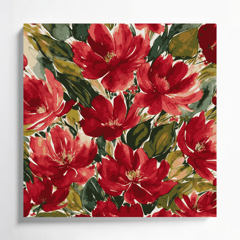 Aquarelle, art floral sur toile rouge, H 16 po x l 16 po