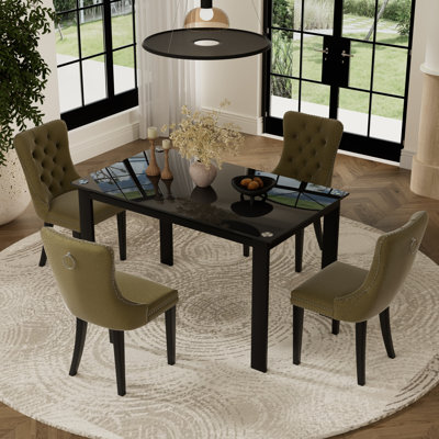 5 Pieces Modern Small Black Glass Rectangle Dining Set with Mid-century High-end Tufted Dining Chair Set for 4