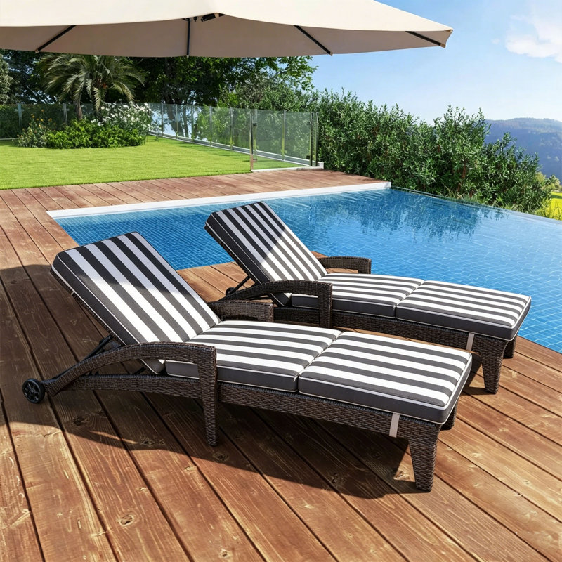 Patio Reclining Chaise Lounger With Removable Cushions For Backyard/Poolside(Set Of 4), Light Gray Stripe Cushion/Black Frame