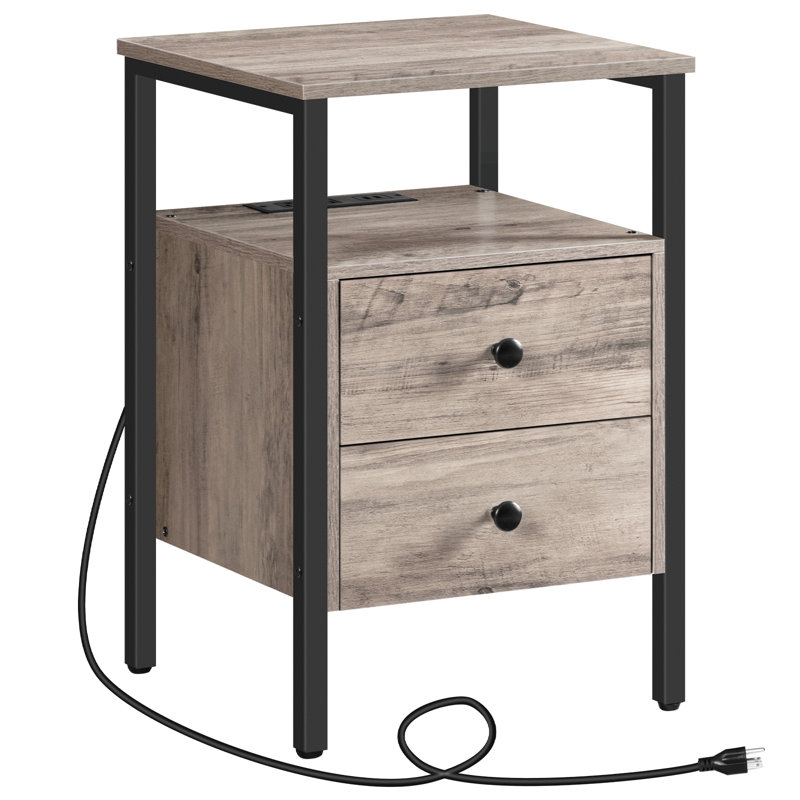 24'' Tall 2 - Drawer Iron Nightstand with Storage and Built-In Outlets, Black/Greige