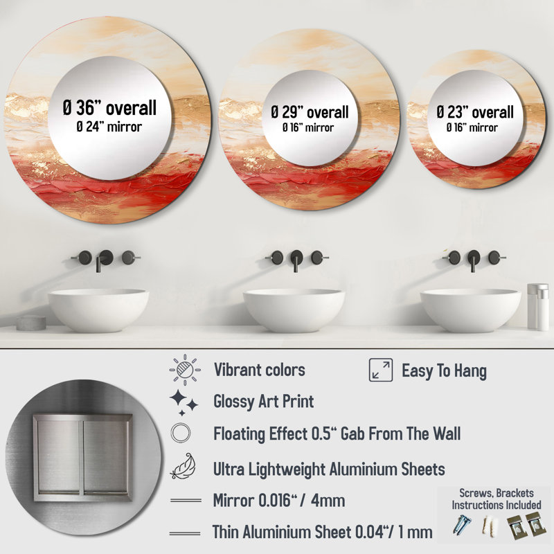 Gold And Red Soft Wave Fusion I - Abstract Shapes Decorative Wall Mirror, Modern Round Mirror, Printed Metal Art, 29" x 29"