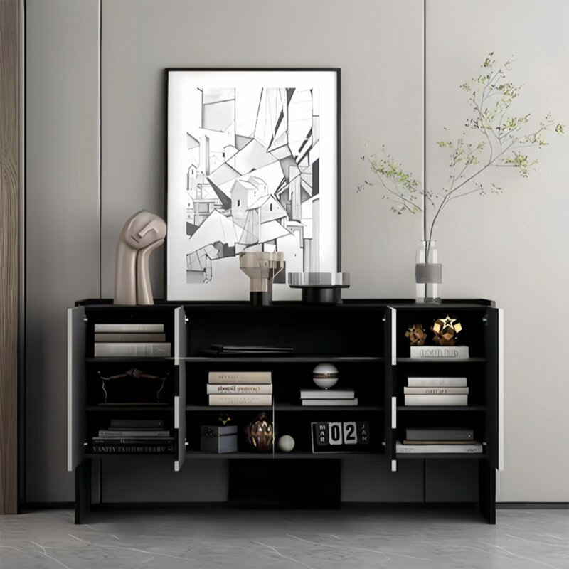 Black & White Stripe Color-Block Sideboard, Modern Luxury Entryway Partition Cabinet, Living Room Wall-Mounted Tea Storage Cabinet