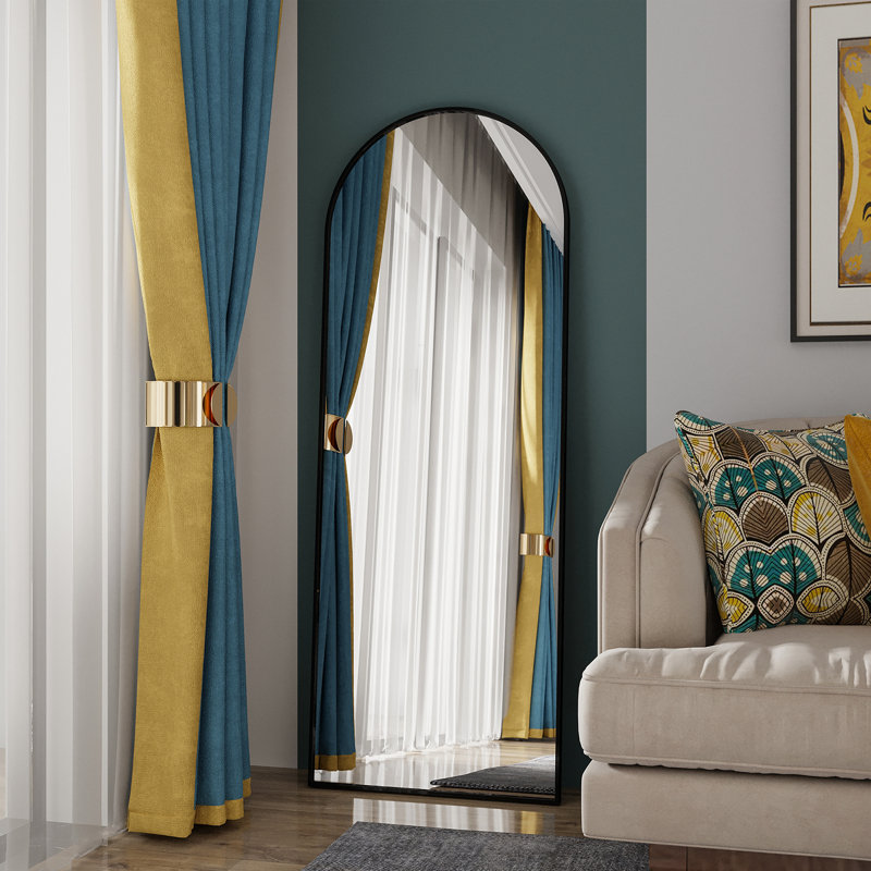 Arched Aluminum Alloy Framed Full Length Mirror with Stand Large Wall Mirror, Black