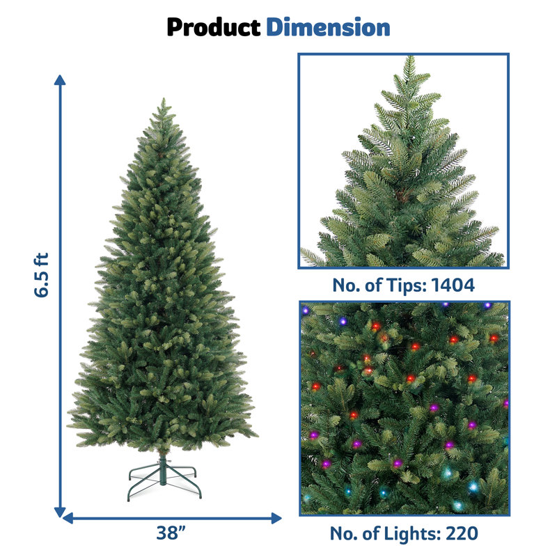 Arbres de Noël naturels verts pré-éclairés avec lumières multicolores arc-en-ciel, options 6,5 pi et 7,5 pi avec base en métal