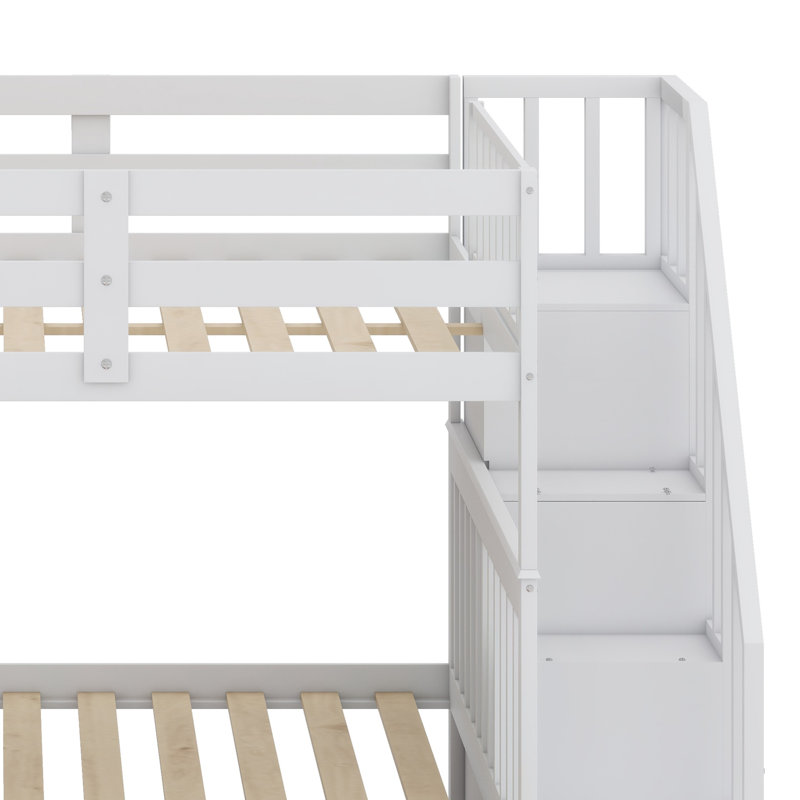 Lit superposé d'escalier avec tiroir, rangement et garde-corps, Blanc