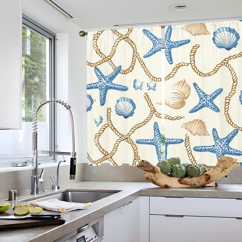 2 pièces de rideaux à motif de corde en forme d'étoile de mer, tissu à thème bord de mer, design rétro bord de mer, protection de la vie privée, passe-tringle pour salon, chambre à coucher, balcon, décoration intérieure
