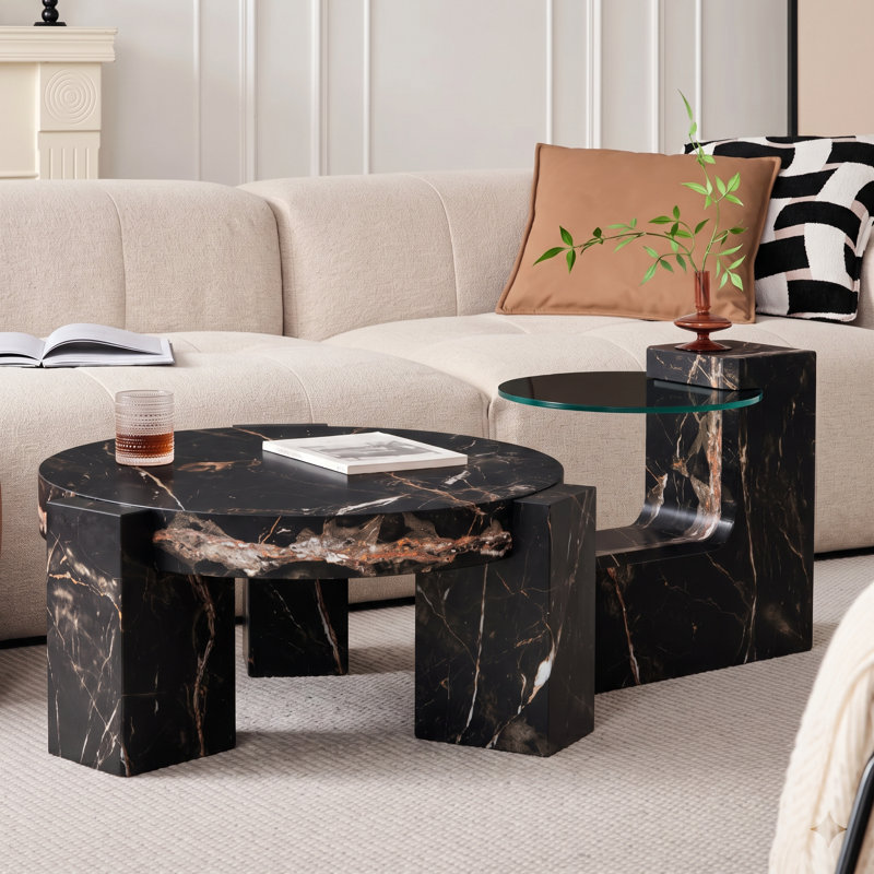 Tempered Glass Top Nesting Coffee Table, H 17,30 po x L 30 po x l 30 po, Noir