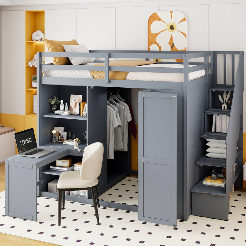 Lit mezzanine avec garde-robe, bureau et tablettes, Gris