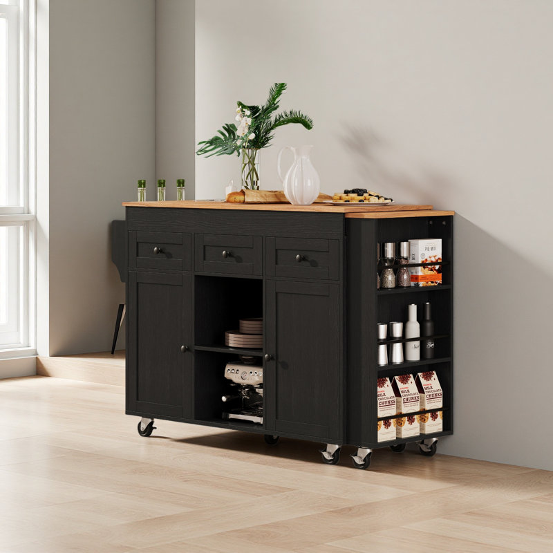 85.5" Kitchen Island With Extendable Dining Table, Kitchen Storage Table With 3 Side Open Shelves, Rolling Kitchen Island With Power Outlet, 3 Drawers, 2 Doors, For Kitchen, Dining Room