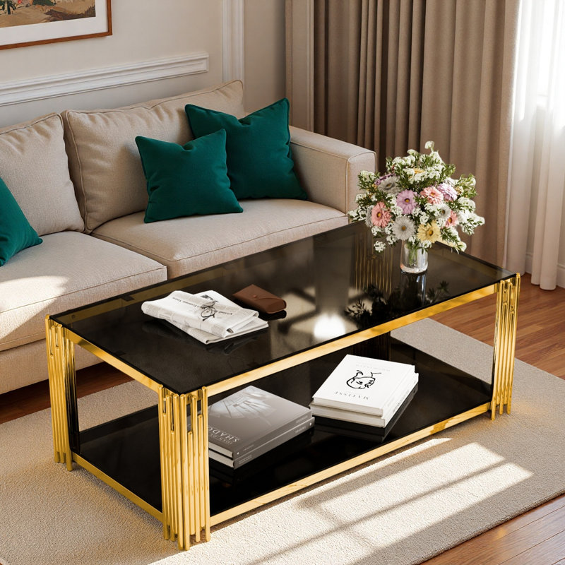 Table basse moderne moderne avec plateau en verre trempé, tablette inférieure et structure en métal asymétrique, Noir