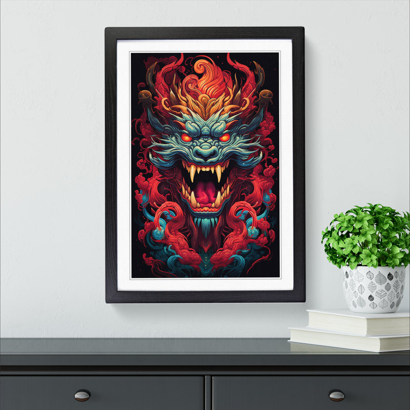 Chinese Dragon Geometric No.2 - Single Picture Frame Print on Wood, 64cm H x 46cm W x 2cm D, Black 