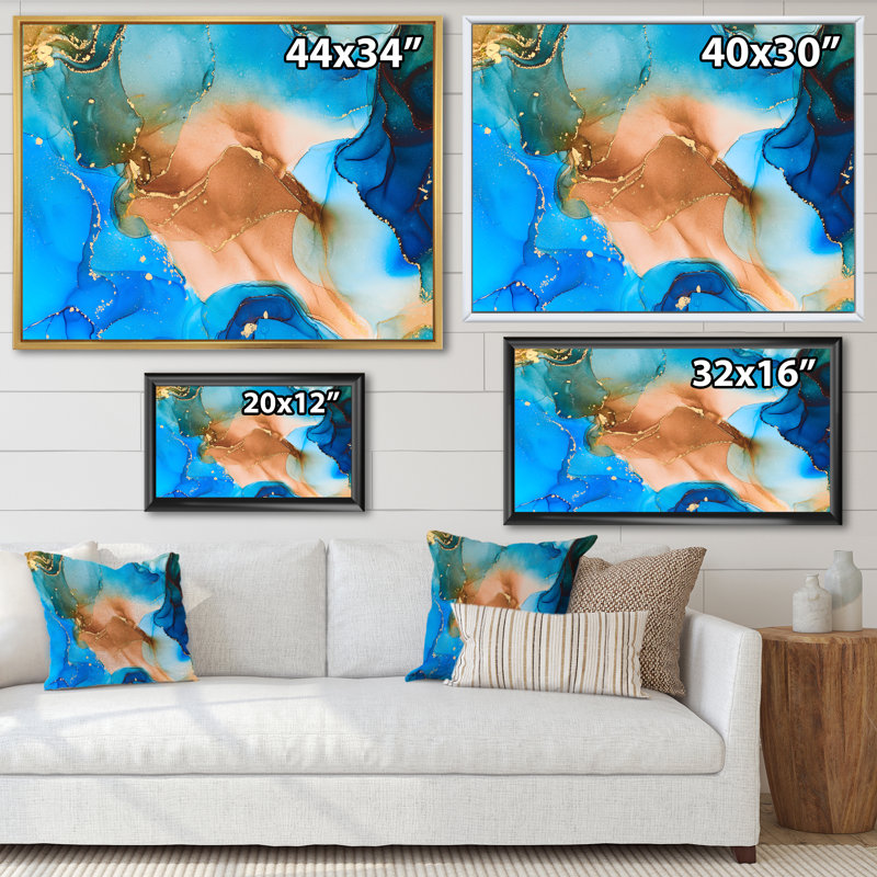 «Blue and Brown Luxury Abstract Fluid Art V», reproduction d'art sur toile moderne, H 24 po x l 32 po, Cadre flottant doré