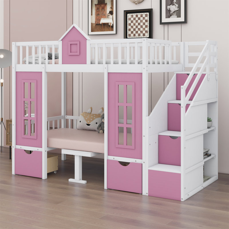 Bunk Bed With Changeable Table, Bunk Bed Turn Into Upper Bed And Down Desk, Twin Over Twin, Pink