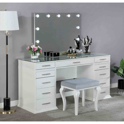 1Pc Vanity With  Padded Stool Set 8Mm Glass Top Storage Drawers LED On Mirror Luminous Bedroom Furniture