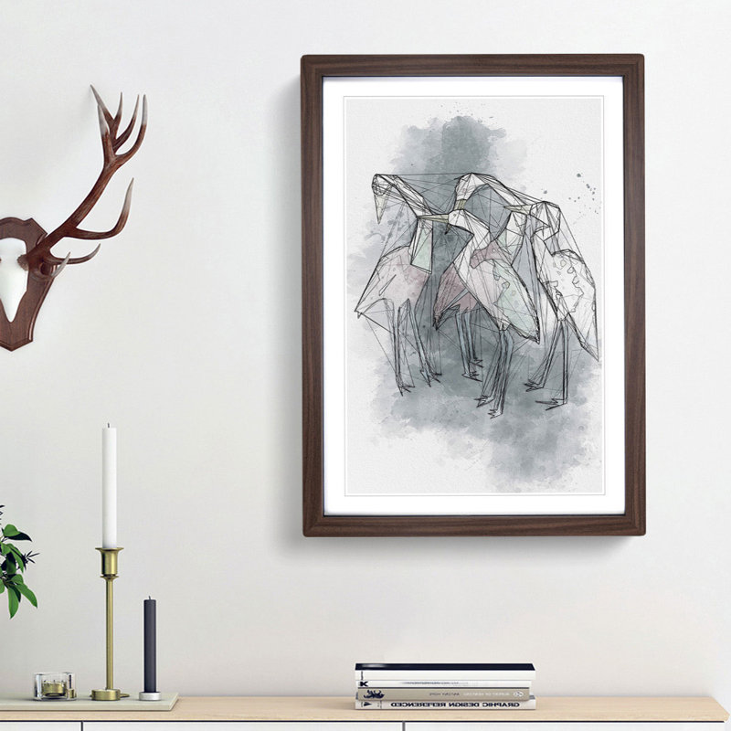 Heron Birds in Abstract - Picture Frame Graphic Art Print, 87cm H x 62cm W x 2cm D, Walnut Framed