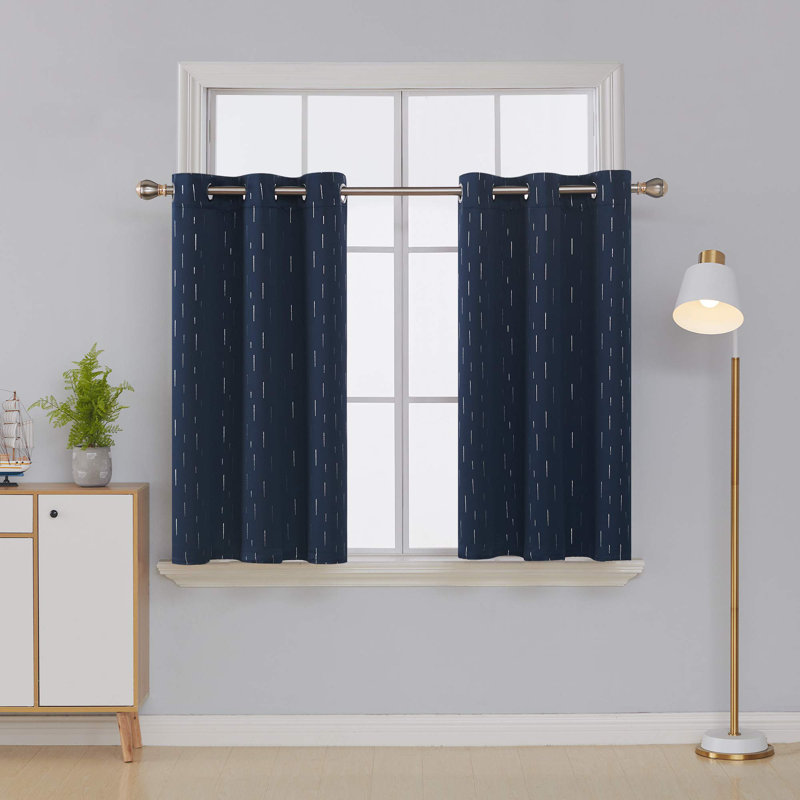 Foil Print Striped Blackout Thermal Insulated Grommet Curtains (Set of 2), 42" W x 45" L, Navy Blue