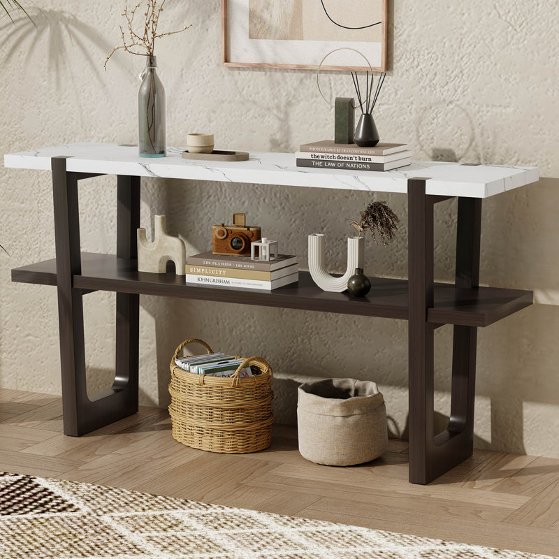 Retro Elegant Console Table with Marble-Effect Top and Versatile Storage Solutions, Espresso