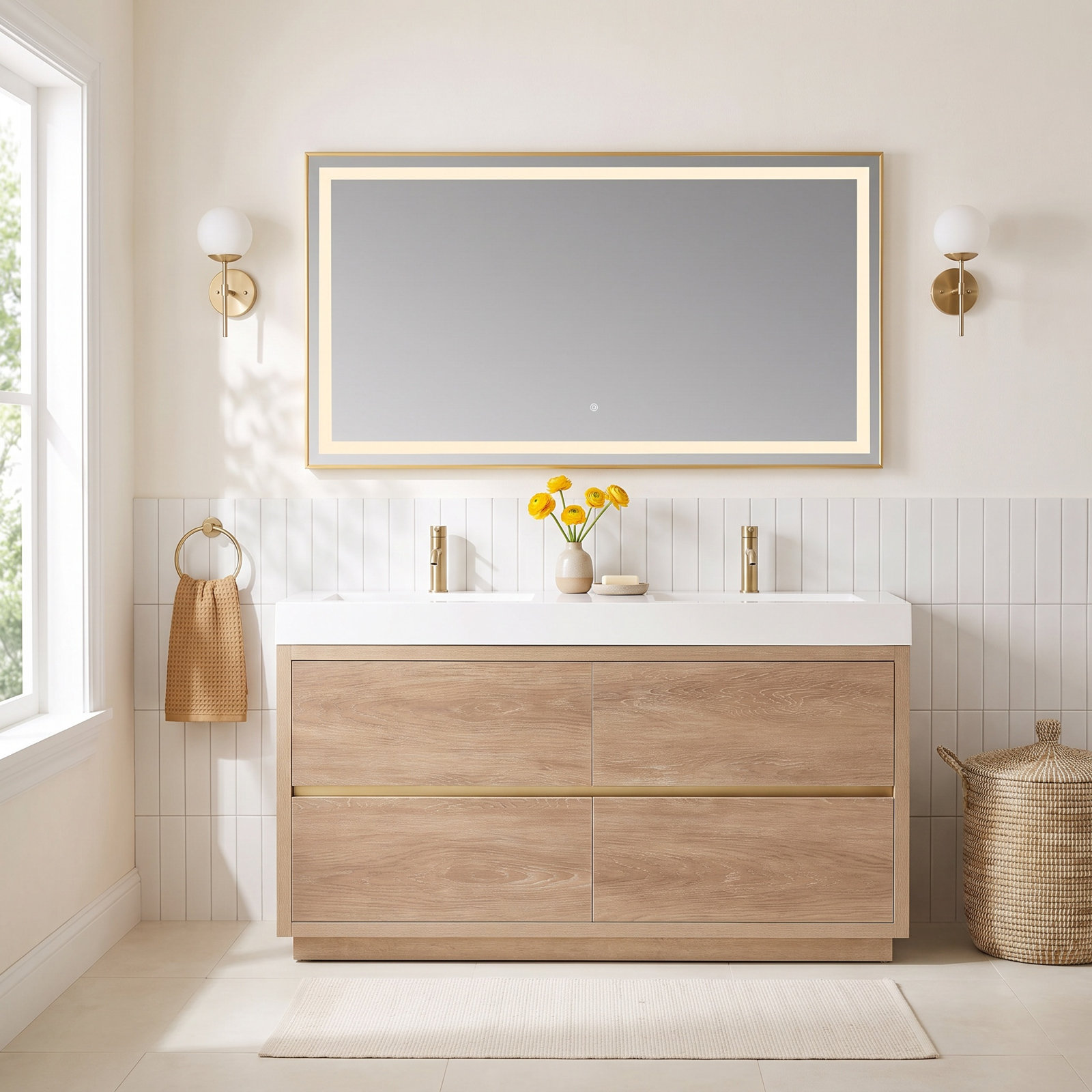 Beira 59.8'' Double Bathroom Vanity, North American Oak, White