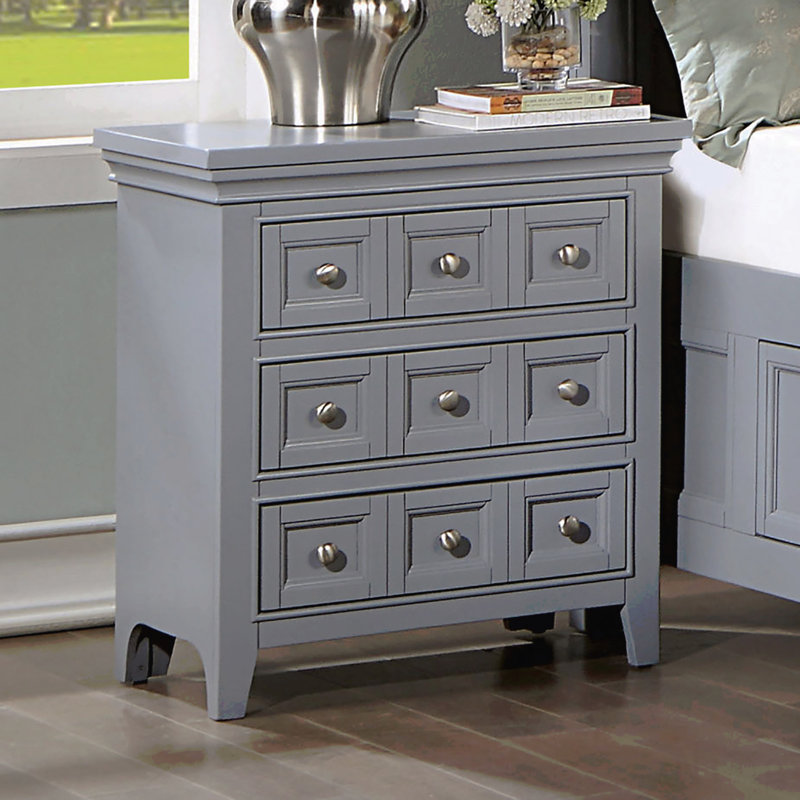 Style transitionnel, table de chevet 1Pc seulement, bois massif, boutons ronds, 3 tiroirs, table de chevet, Gris