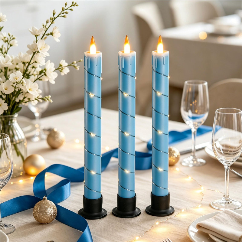 Unscented Flameless Taper Candle with Plastic Holder, Blue