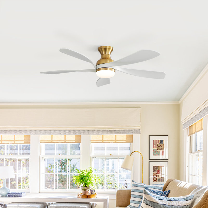 Whisper 52" 5-Solid Blade Classic Flush Mount Ceiling Fan with LED Light Kit and Remote Control, Gold