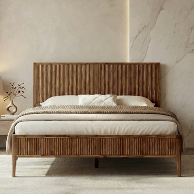 Acacia Solid Wood Bed Frame, Mid Century Modern With Fluted Pattern Platform Bed, Center Supports Included, Noise Free & Easy Assembly, King/queen Size