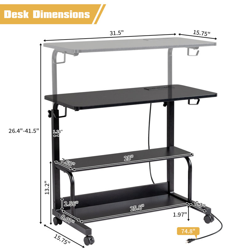 Rolling & Height Adjustable Computer Desk Laptop Table Side Table End Table With With Charging Station, 2 USB Ports, Black