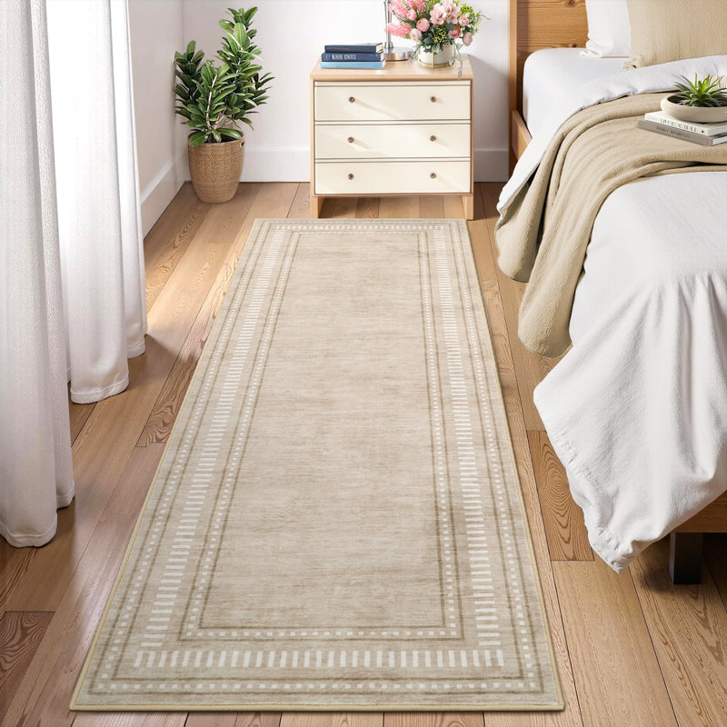 Tapis bordé lavable à la machine avec envers antidérapant Tapis antidérapant pour salon, Beige, Tapis de couloir 2 pi x 6 pi