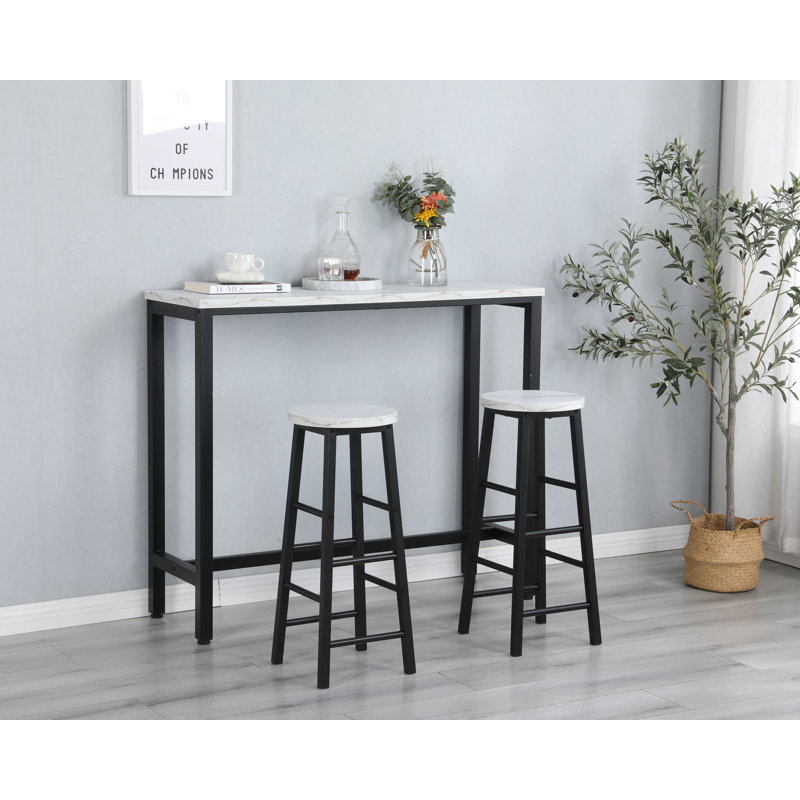 Table de bar en faux marbre noir avec 2 chaises de bar pour la maison, la cuisine et le bureau, Noir