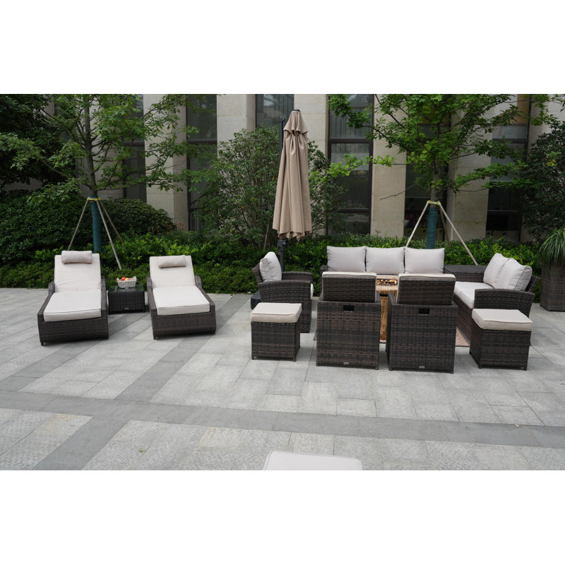 Ensemble de conversation en osier / rotin pour 12 personnes avec coussins Almanza, Beige, Brun