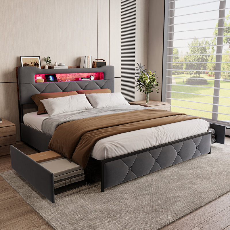 Upholstered Storage Bed, European Kingsize (160 x 200 cm), Grey