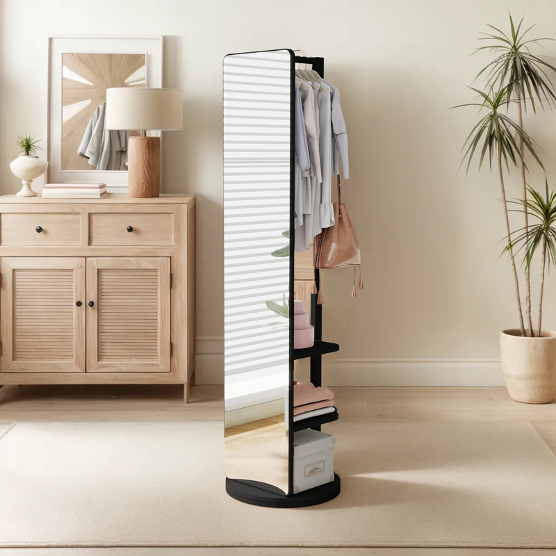 360° Swivel Full Length Mirror With Stand,Solid Wood Floor Mirror With Coat Rack, Black, 65.7" x 17.7"