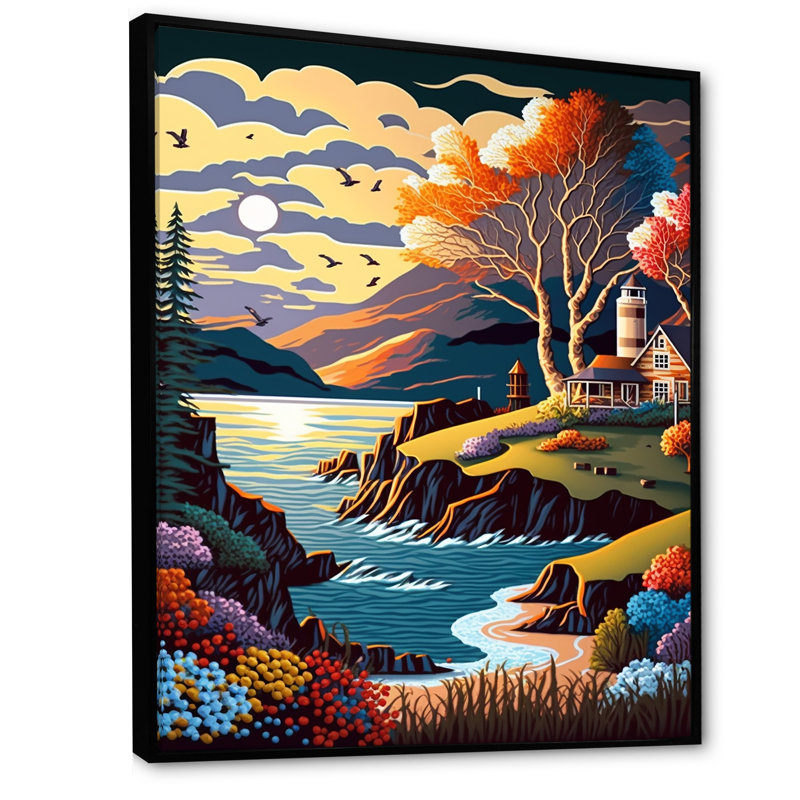 Coucher de soleil moderne en style V - reproduction sur toile, L 16 po x H 32 po, Cadre flottant noir