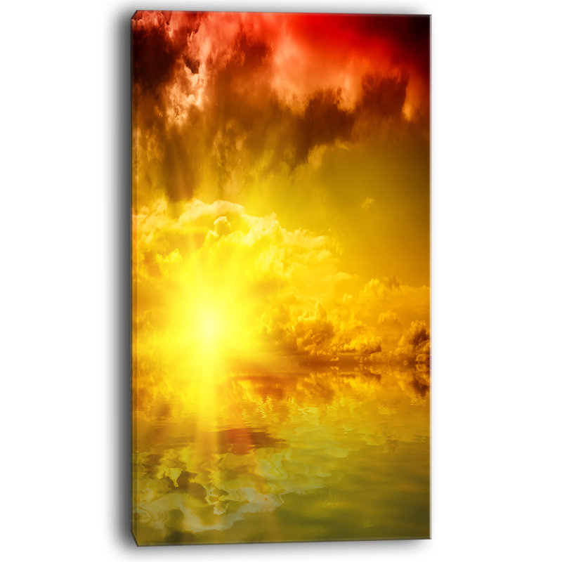 Art mural rouge spectaculaire avec paysage soleil jaune sur toile tendue, H 40 po x l 20 po x P 1po