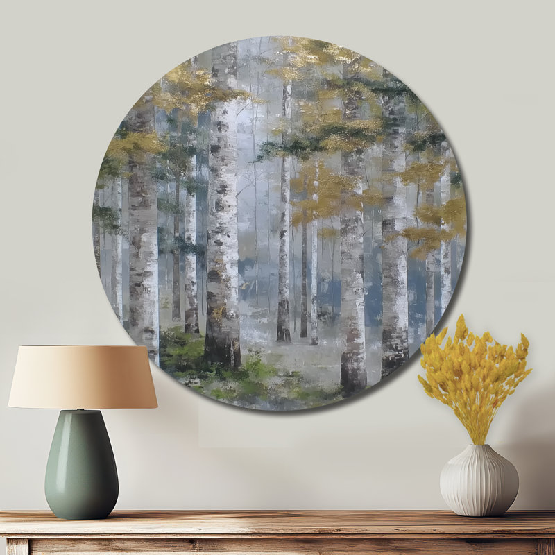 Forêt de bouleaux en automne - art mural rond floral en métal, L 29 po x H 29 po