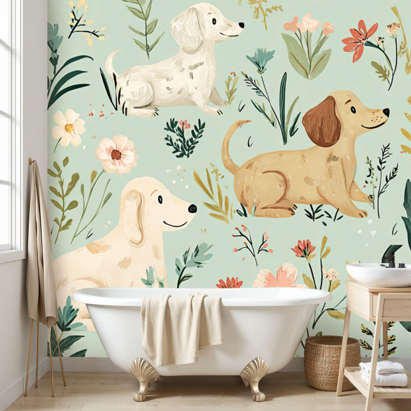 Papier peint adhésif à peler et coller sans soudure avec motif de chiot teckel à motif floral vert brun et chambre de bébé autocollant amovible en papier contact mural pour salon Chambre à coucher H 100 po x l 144 po